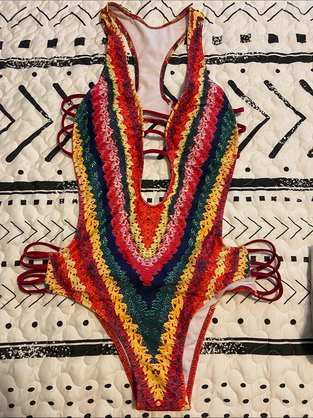 Womens Rainbow Crochet One-Piece Swimsuit - Multicolor Medium